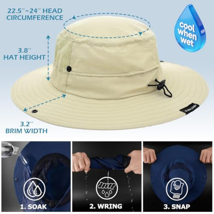 Cooling Sun Bucket Hat, UPF 50+ Wide Brim Boonie Hat with Ponytail Hole - color: 01 Kahki