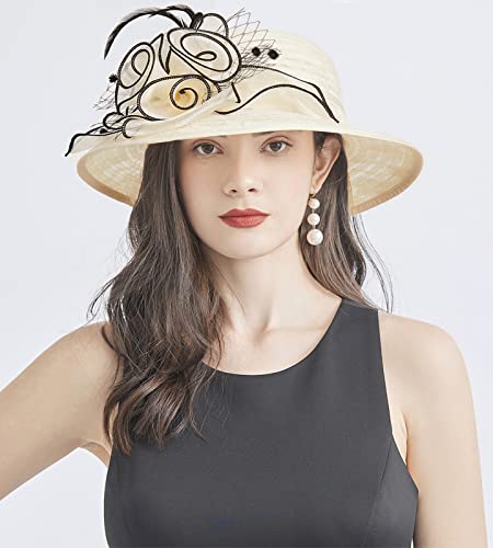 Organza Fascinator Hat - Women’s Wide Brim Church Bridal Tea Party Wedding Hat - color: 03-beige,black