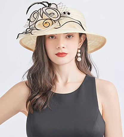 Organza Fascinator Hat - Women’s Wide Brim Church Bridal Tea Party Wedding Hat - color: 03-beige,black