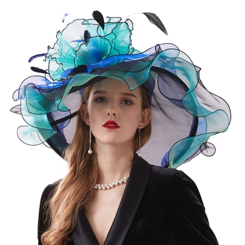 Women Elegant Organza Derby Hat Wide Brim Sun Hats for Wedding Tea Party Fascinator Hat - color: Blue