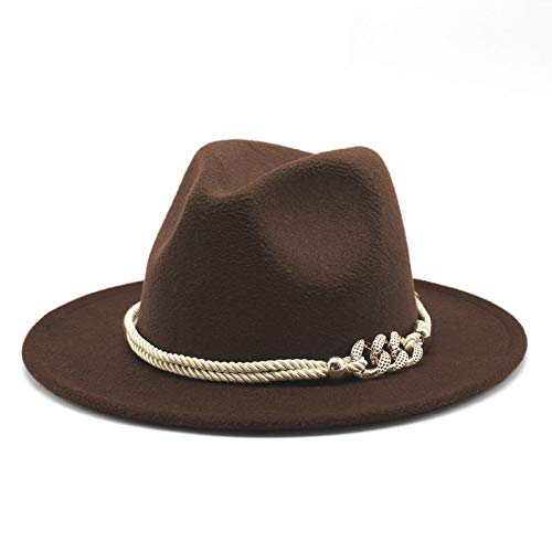 Lady Wide Brim Felt Fedora Panama Hat with Ring Belt - color: Coffee, size: Medium