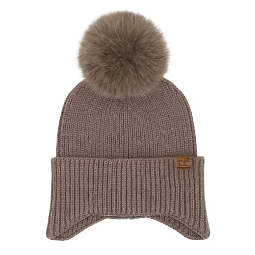 C.C Sequin Pom Beanie for Women - Acrylic Stretchable Soft Warm Knit Winter Skully Hat with Yarn Pom - color: Earflap-mocha