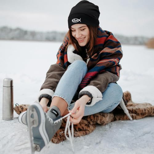Black Knit Beanie Hat for Men Bear Classic Adult Beanie Cap Winter Warm Knitted Hat for Men Women Skull Hip Hop Cap for Men - color: Fish Jesus