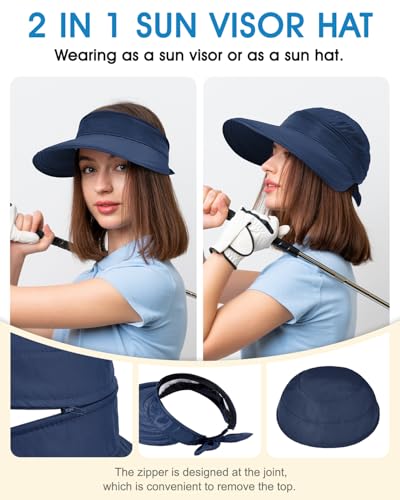 Century Star Sun Hat for Women Wide Brim Zip-Off Beach Hat Visor Ponytail UV Protection Summer Visors - color: Dark Blue