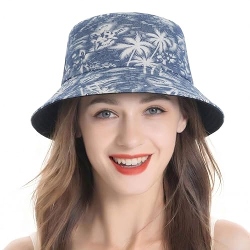 ZLYC Printed Bucket Hat for Women Men Packable Summer Sun Hat for Beach - color: Palm Tree Blue