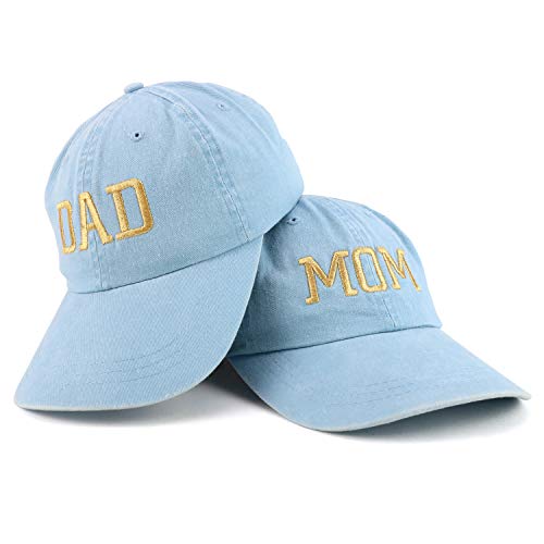 Trendy Apparel Shop Capital Gold Thread Mom and Dad Pigment Dyed 2 Pc Cap Set - color: Light Blue Light Blue