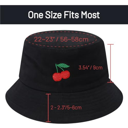 Cotton Bucket Hat for Women Men Summer Travel Sun Beach Bucket Cap, Unisex Outdoor Fisherman Hat - color: Cherry Black