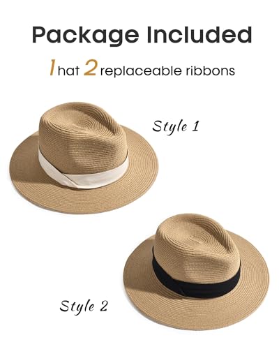 FURTALK Sun Hat Wide Brim Straw Fedora Panama Beach for Men Women - color: Black+white Ribbon, size: Medium-Large