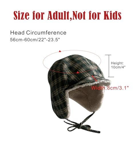Reversible Winter Hat with Ear Flaps for Men Women Adult,Ladies Plaid Hat,Lamb Wool Lining Beanie Not for Kids - color: Plaid Green