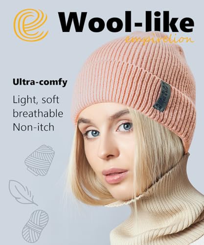 EMPIRELION Wool-Like Cuff Beanie, 0% Wool Itch-Free, Thick Thermal Knit Warm Winter Hats,Soft Stretch Outdoor Cap - color: Iced Sakura