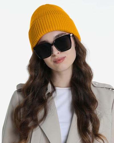 Wool Beanie for Men Women, Seamless Knit Cuffed Warm Winter Hats - color: 1pcs-yellow