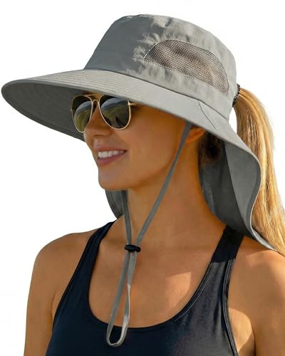 Women Sun Hats UV Protection Wide Brim with Bucket Ponytail Hole - color: Darkgray