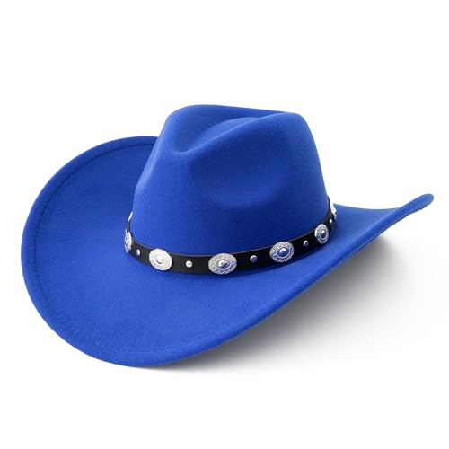 Lanzom Women Men Felt Wide Brim Western Cowboy Hats Belt Buckle Panama Hat - color: Royal Blue, size: Medium-Large
