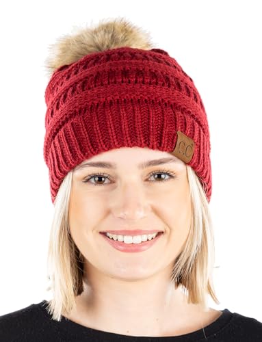 Funky Junque Cozy Ribbed Beanie with Luxurious Faux Fur Pom Pom - Warm Cable Knit Winter Skull Cap - color: Burgundy W/Natural Pom
