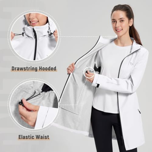 baleaf Women's Long Rain Coat Lightweight Packable Jacket with Hood - color: White, size: Medium