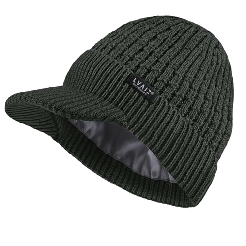 Womens Satin Lined Winter Beanie Hat with Brim Visor Warm Knit Baseball Cap - color: Dark Grey