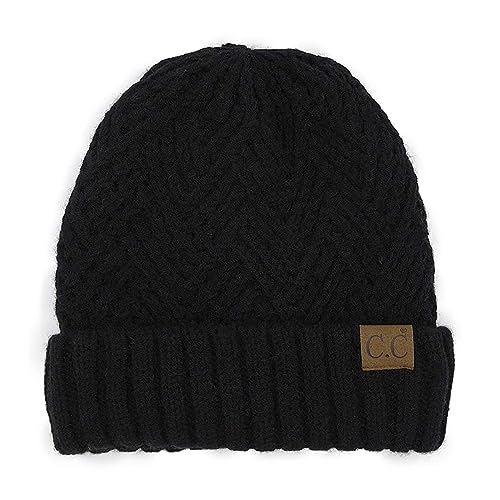 C.C Unisex Chunky Soft Stretch Cable Knit Warm Fuzzy Lined Skully Beanie - color: Cuffed Black