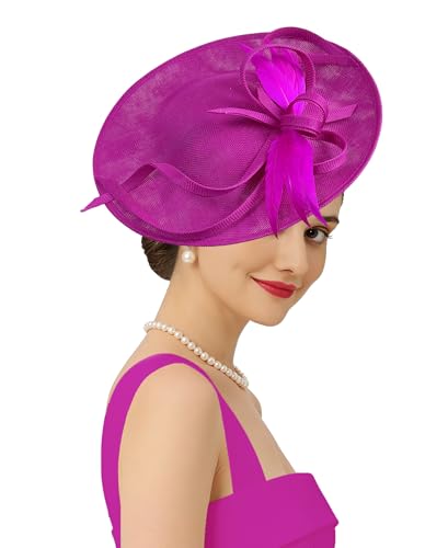 Kidukso Fascinators Hat 20s 50s for Women Derby Hat Vintage Feather Headband for Tea Party Church Wedding Cocktail - color: Rose Red