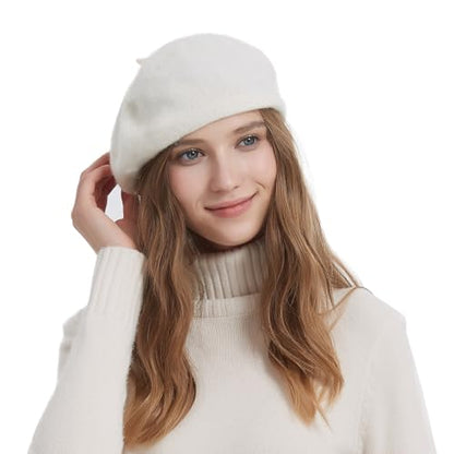 2 Pieces Beret Hat Women French Wool Beret Solid Color Beret Cap - color: Pink+white