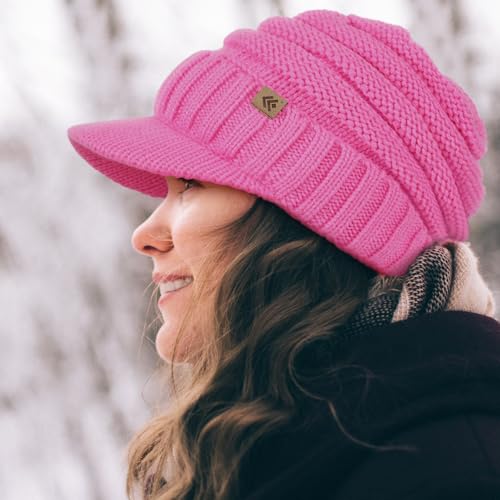 Women Men Winter Beanie Hat with Visor, Warm Fleece Lined Beanie Cap, Thick Knit Cap Slouchy Hat with Brim - color: Pink