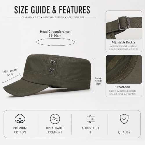 Cadet Army Cap Unisex Military Hat Adjustable Flat Top Cap Baseball Cap - color: Round Button Army Green