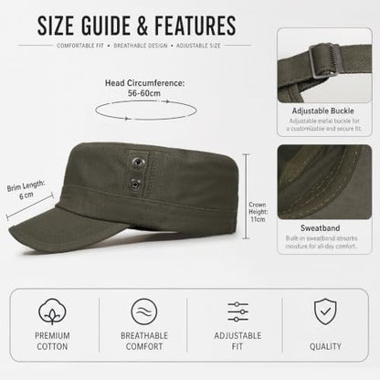 Cadet Army Cap Unisex Military Hat Adjustable Flat Top Cap Baseball Cap - color: Round Button Army Green