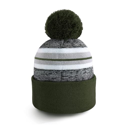 Pom Pom Beanie Cuffed Knit Winter Hat Skull Cap Striped Novelty Men Women - color: (Army Green)