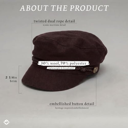 Funky Junque Greek Fisherman Newsboy Cap, Cotton Captains Bakerboy Hat - color: Wool - Brown