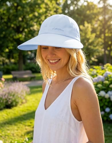 Sun Hats for Women Outdoor Wide Brim UV Protection Hollow Top Summer Beach Packable Visor with Ponytail-Hole - color: Blue