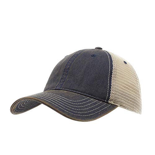 The Vintage Year Distressed Cotton Unstructured Soft Mesh Breathable Adjustable Dirty Wash Dad Hat Trucker Baseball Cap - color: Dirty Wash Navy/Khaki