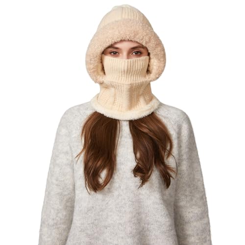 HUAMULAN Women Cable Knit Balaclavas Winter Fleece Lined Beanie Hat - color: Solid Beige