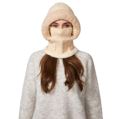 HUAMULAN Women Cable Knit Balaclavas Winter Fleece Lined Beanie Hat - color: Solid Beige