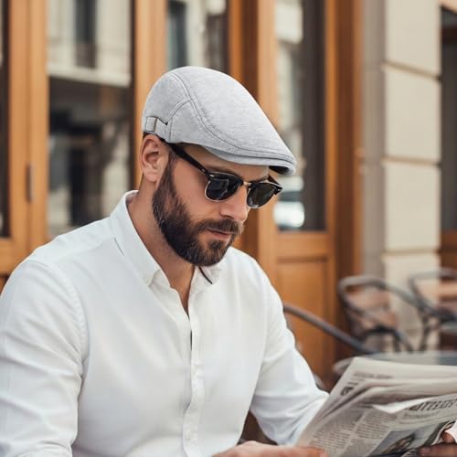 meioro Mens Cotton Newsboy Hat Adjustable Soft Fit Flat Cap for Men - color: Light Grey
