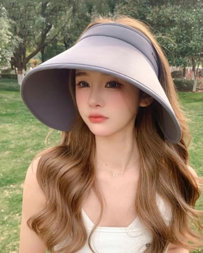 Women's Sun Visor Hats UV Protection Wide Brim Beach Sun Hat Fodable Adjustable Cap Ponytail Summer Travel Hat - color: Beige Black