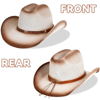 WQWOVRVO Cowboy Hat,Cowgirl hat,Brown Cowboy Hats for Women/Mens Straw Wide with Shapeable Brim Western Cowboy Hat for Womens - color: White & Brown Color