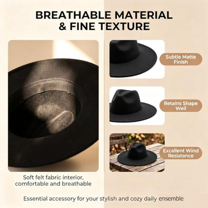 Classic Wide Brim Felt Fedora Hat for Men Women - color: Black