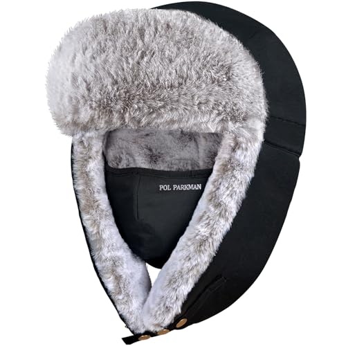 Winter Trapper Hat for Men Women, Russian Ushanka Aviator Warm Cold Trooper Hat for Skiing Hunting Black