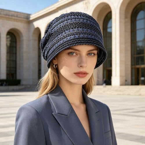 Women's Sparkly Lace Beanie Hat for Women, Lightweight Breathable Knit Skull Cap,Fashion Slouchy Beanie - color: Black Gray 015