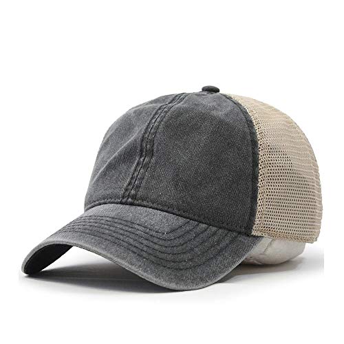 Vintage Washed Cotton Soft Mesh Adjustable Baseball Cap - color: Charcoal/Charcoal/Khaki