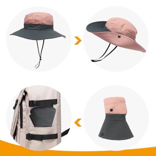 PFFY Sun Beach Hats for Women Men Wide Brim Fishing Bucket Hat - color: Pink/Grey
