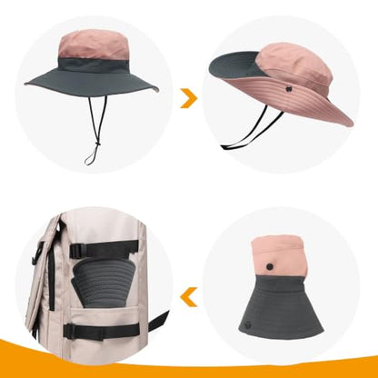 PFFY Sun Beach Hats for Women Men Wide Brim Fishing Bucket Hat - color: Pink/Grey