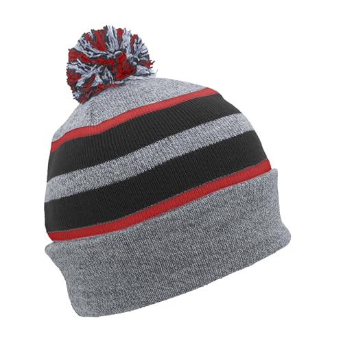 Pacific Headwear Unisex Adult Pacific Headwear Knit Fold Over Pom-pom Beanie - color: Heather/Black/Red, size: One Size