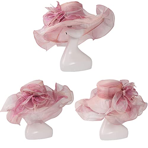 Women Oganza Sun Hat Church Wide Brim Wedding Formal Fascinator Hat - color: Gradient Pink(not a Vibrant Pink, It is More Pale)