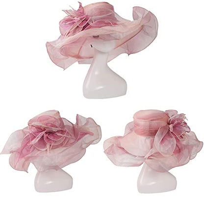 Women Oganza Sun Hat Church Wide Brim Wedding Formal Fascinator Hat - color: Gradient Pink(not a Vibrant Pink, It is More Pale)
