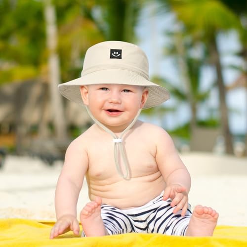 Baby Toddler Sun Hat,Kids Summer UPF 50+ Foldable Beach Bucket Hat for Boys Girls Children - color: White & Khaki 2pcs, size: 6-24 Months