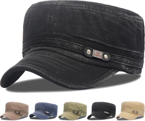 Initlove Cadet Caps for Men Washed Cotton Military Army Cap Flat Top Hat for Women - color: Black