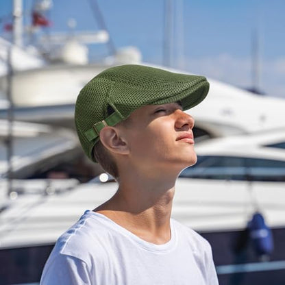 meioro Mens Breathable Mesh Summer Hat Adjustable Flat Cap Newsboy Beret Ivy Cap Irish Cabbie Fishing Hats - color: Green