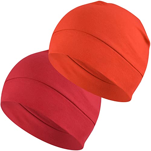 Headshion 100% Cotton Skull Caps Beanie Sleeping Hats for Men Women - color: Red & Orange Red