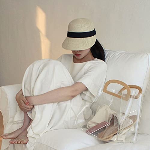 Summer Visor Hats for Women Foldable Floppy Solid Color Straw Sun Hat Travel Beach Baseball Cap - color: Beige