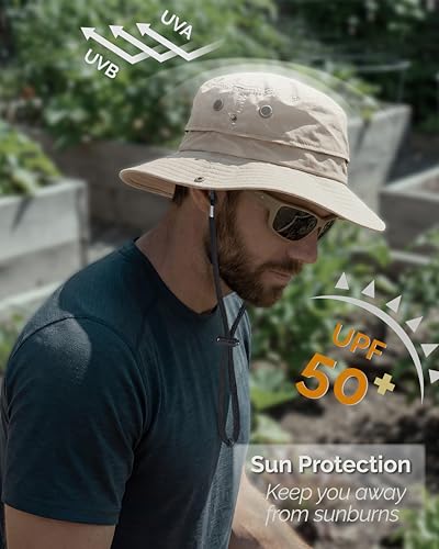 Hat Hut Mens Waterproof Bucket Rain Hat, UPF50+ Sun Hat, Wide Brim, Packable, All-Weather Outdoor Hiking Fishing Hats - color: Beige